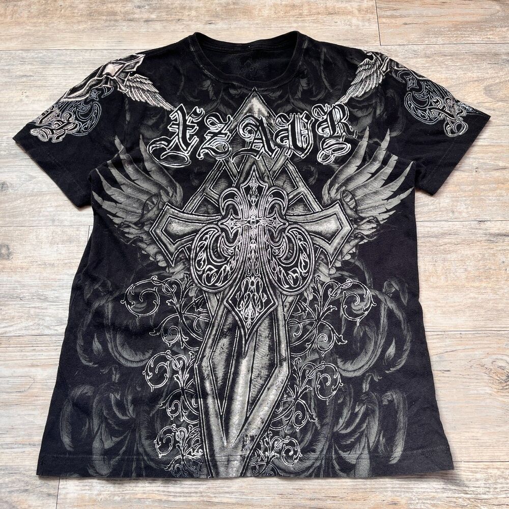 XZAVIER Y2K Graphic Tee Gothic Cross Wings Grunge Shirt Black Size Small Men's